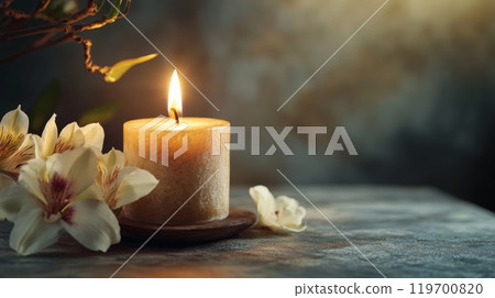 Burning candle on a dark background with some flowers creates a relaxing and calm atmosphere. Perfect for wellness and spa concept 119700820