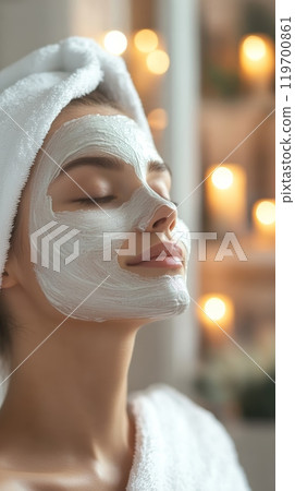 Woman enjoying a spa facial treatment, eyes closed, towel on head, creating a tranquil and relaxing atmosphere 119700861