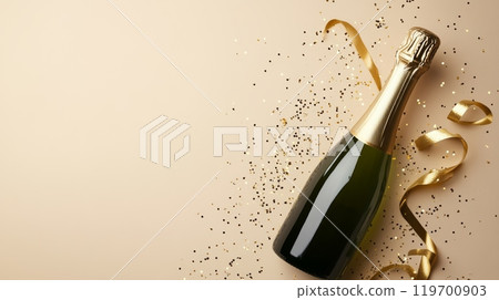 Champagne bottle with sparkling effects and golden ribbons for New Year's celebrations. 119700903