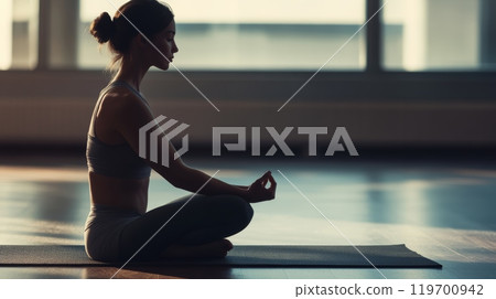Young woman is practicing yoga, meditating in lotus pose, with a serene expression on her face in a gym. She is wearing comfortable clothing for her workout 119700942