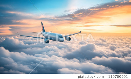 Sleek white airplane soars above fluffy clouds at sunset, symbolizing travel, freedom, and adventure. Perfect for tourism and transportation concepts 119700991