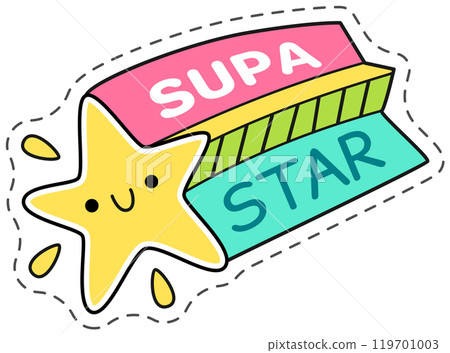 Colorful vector illustration of a cute cartoon star with a smiling face and the words supa star 119701003