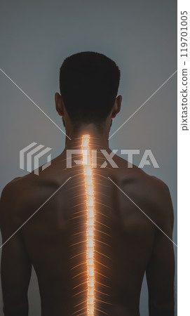 Shirtless man with glowing spine experiencing back pain, ideal for medical and healthcare contexts. Illustrates back issues like inflammation and injury. Perfect for discussing treatment options 119701005