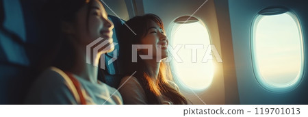 Two young women happily enjoying their flight in an airplane at sunset. Looking through the window with big smiles on their faces. Illuminated by golden hour light. Creating lasting memories 119701013