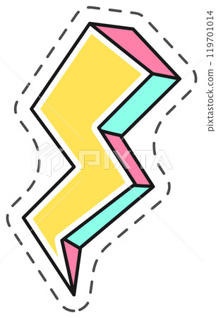 Lightning bolt with dashed line following its shape, colored in pastel yellow, pink and light blue, is flashing over white background Lightning bolt with dashed line following its shape, colored in pastel yellow, pink and light blue, is flashing over white background 119701014