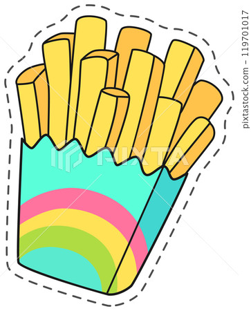 French fries served in a colorful box with a rainbow design, presented as a sticker with a dashed border 119701017