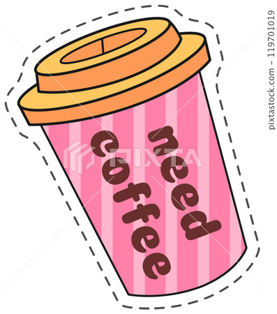 Pink striped paper coffee cup with orange lid and the slogan need coffee representing coffee break, isolated on white background 119701019