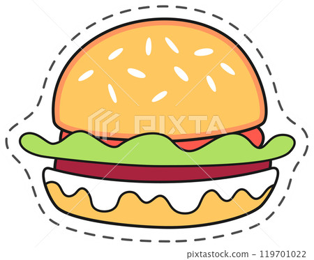Cartoon cheeseburger with lettuce, tomato, patty, and sesame seeds on a dotted line background representing a sticker Cartoon cheeseburger with lettuce, tomato, patty, and sesame seeds on a dotted line background representing a sticker 119701022