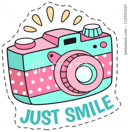 Turquoise and pink vintage camera flashing, encouraging a smile, in a kawaii, playful and joyful style 119701025