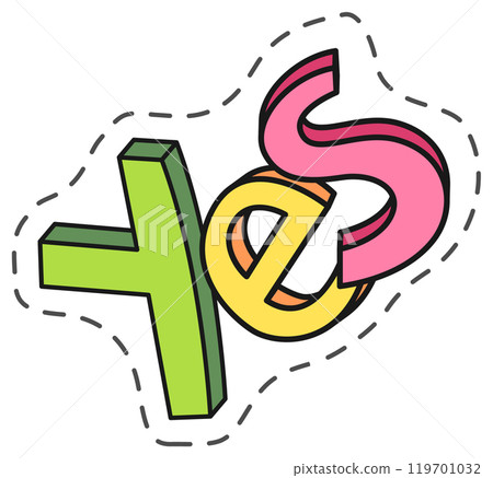 Vibrant yes sign with a playful, three dimensional design conveying agreement, acceptance, and positive affirmation 119701032