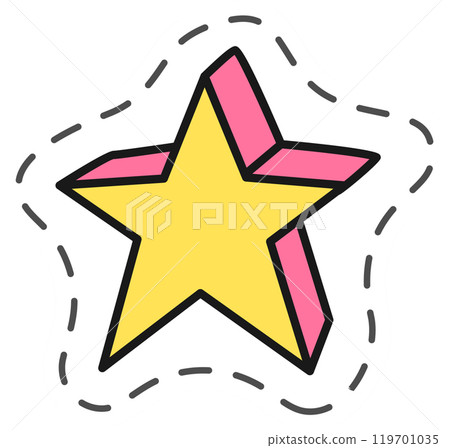Yellow and pink five pointed star with three dimensional effect and dashed contour, isolated on white background 119701035