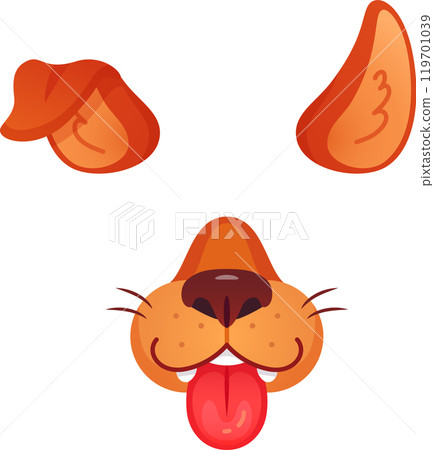 Cartoon dog features including ears, nose, and tongue sticking out, ideal for playful photo filters and social media enhancements 119701039