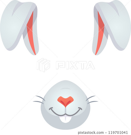 Cartoon illustration of a rabbit face featuring large ears, a pink nose, whiskers, and a cheerful smile Cartoon illustration of a rabbit face featuring large ears, a pink nose, whiskers, and a cheerful smile 119701041