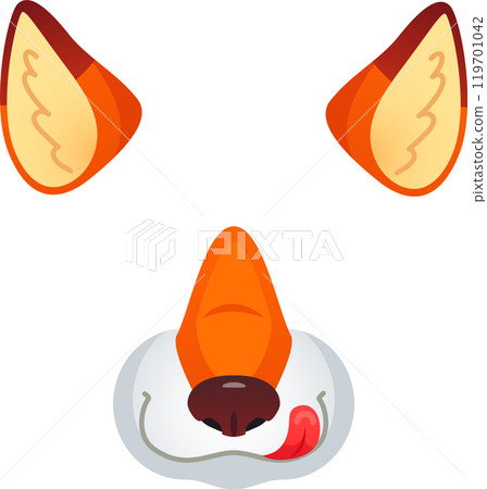 Cartoon fox face mask with orange ears, white snout, black nose and pink tongue sticking out, isolated on white background 119701042