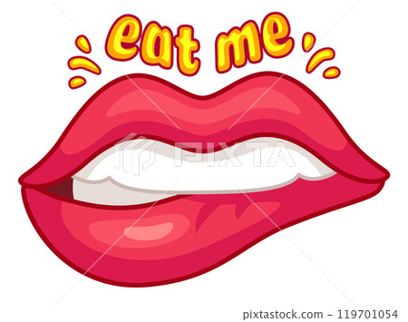 Cartoon drawing of red lips slightly open, biting the lower lip and whispering eat me in a seductive way 119701054