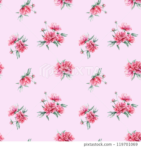 Seamless pattern with watercolor bouquet of pink peony flowers in full bloom. Hand drawn illustration beautiful floral flower. Repeat wallpaper with summer botanical plant on isolated. Seamless pattern with watercolor bouquet of pink peony flowers in full bloom. Hand drawn illustration beautiful floral flower. Repeat wallpaper with summer botanical plant on isolated. 119701069
