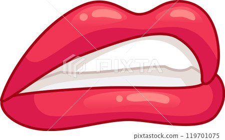 Cartoon drawing of red lips slightly open, showing white teeth, expressing biting or slight tension 119701075