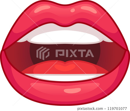 Glossy red lips slightly parted, showing teeth and tongue, expressing speech, singing, or surprise 119701077