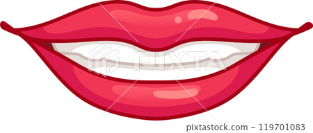 Cartoon drawing of glossy red lips showing perfect white teeth, in a big appealing smile Cartoon drawing of glossy red lips showing perfect white teeth, in a big appealing smile 119701083