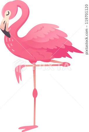 Graceful pink flamingo standing on one leg in tropical setting, adding charm and cuteness to projects with vibrant minimalist design. Perfect for summer fun in greeting cards and social media 119701120