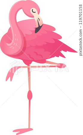 Cartoon flamingo balancing gracefully on one leg, showcasing its vibrant pink plumage and elegant posture 119701158