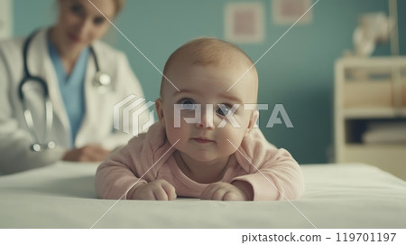Cute baby is lying on its belly on top of an examination table while a female doctor is sitting behind, writing down notes 119701197