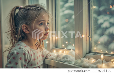 A little girl in a blue hat sits on the windowsill and looks at the snow. Next to her is a Christmas tree, a garland is burning, there is a candle 119701199