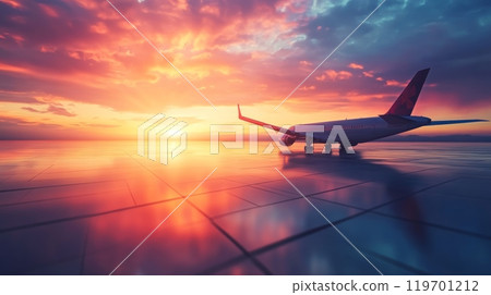 Large passenger airplane is standing on the runway with a beautiful sunset in the background. The sky is filled with vibrant colors Large passenger airplane is standing on the runway with a beautiful sunset in the background. The sky is filled with vibrant colors 119701212