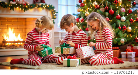 Portrait of a group of happy smiling diverse children lying on the floor near Christmas presents tied with beautiful bows. Children pose in a room with Christmas decorations. 119701213