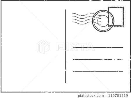 Vintage postcard with grunge texture, featuring a blank space for writing, a circular postmark, and a rectangular stamp, evoking nostalgia and travel memories 119701219
