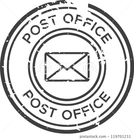 Post office rubber stamp with concentric circles and a mail envelope icon, isolated on white background 119701231