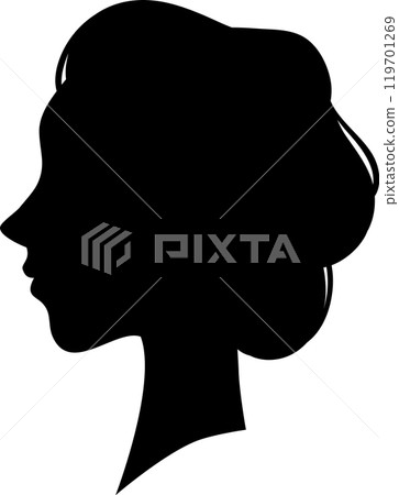 Profile silhouette of a woman with long hair, creating a simple yet elegant representation of female beauty 119701269