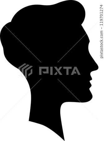 Black silhouette of a male profile with retro hairstyle, conveying mystery, elegance, and vintage style Black silhouette of a male profile with retro hairstyle, conveying mystery, elegance, and vintage style 119701274