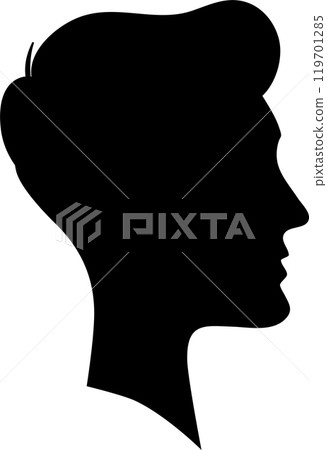 Stylish young man with retro hair in a side silhouette, looking right. Perfect for design projects, with a classic black and white background. Ideal for social media icons 119701285