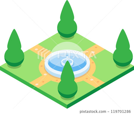 Relaxing isometric park scene featuring a water fountain, lush green grass, and neatly arranged trees, perfect for urban planning and landscaping concepts 119701286