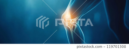 X ray view of a human leg with the knee joint highlighted showing inflammation and pain. This medical illustration could be used to represent a number of orthopedic conditions 119701308