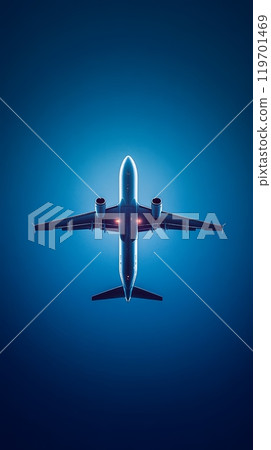 Passenger airliner is flying in the air with its landing gear down, preparing to land at its destination after a long flight 119701469