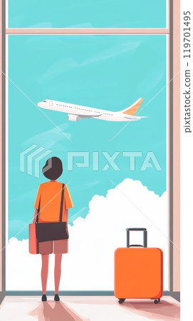 Excited traveler looks out window at airplane above clouds, ready to board. Captures anticipation of new journey with luggage, promise of adventure 119701495