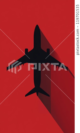 Airplane flies gracefully over a red background, casting a striking shadow, evoking feelings of adventure and wanderlust. Perfect for travel, business trips, or global journeys 119701535