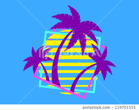 Palm trees at sunset retro sun in 80s style. Retro futuristic silhouettes of palm trees against the sun in a square frame. Synthwave style. Design for banners and posters. Vector illustration 119701555