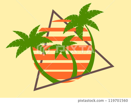 80s retro sci-fi palm trees on a sunset. Retro futuristic sun with palm trees in a triangular frame. Synthwave style. Design for advertising brochures, banners and posters. Vector illustration 119701560
