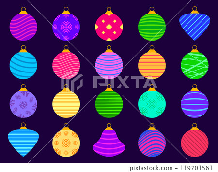 Christmas balls icons set. Christmas decorations, each ornament is decorated with snowflakes and stripes patterns. Xmas design for wrappers, covers, banners and posters. Vector illustration Christmas balls icons set. Christmas decorations, each ornament is decorated with snowflakes and stripes patterns. Xmas design for wrappers, covers, banners and posters. Vector illustration 119701561