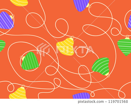 New Year seamless pattern with Christmas balls. Garland with colourful Christmas tree balls hang on a string. Xmas design for wallpaper, covers, banners and posters. Vector illustration 119701568
