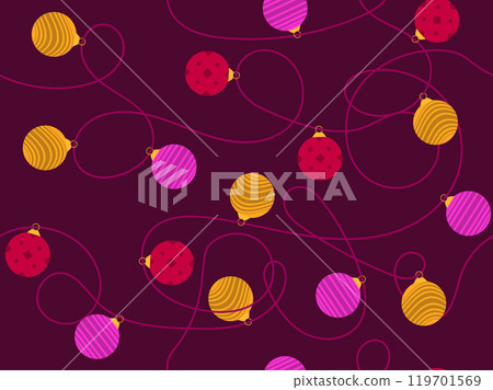 New Year seamless pattern with Christmas balls. Garland with colourful Christmas tree balls hang on a string. Xmas design for wallpaper, covers, banners and posters. Vector illustration 119701569