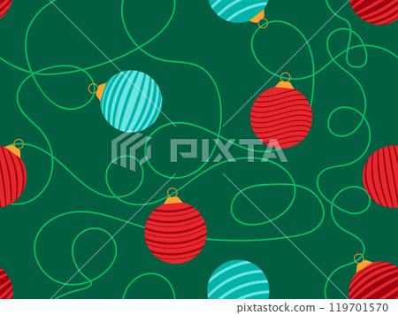 New Year seamless pattern with Christmas balls. Garland with colourful Christmas tree balls hang on a string. Xmas design for wallpaper, covers, banners and posters. Vector illustration 119701570