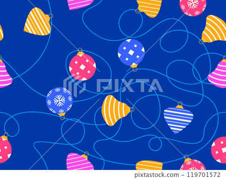 New Year seamless pattern with Christmas balls. Garland with colourful Christmas tree balls hang on a string. Xmas design for wallpaper, covers, banners and posters. Vector illustration New Year seamless pattern with Christmas balls. Garland with colourful Christmas tree balls hang on a string. Xmas design for wallpaper, covers, banners and posters. Vector illustration 119701572