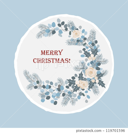 Christmas bento cake decorated with roses, eucalyptus, and winter branches. Xmas sweet cake, isolated vector illustration. Christmas bento cake decorated with roses, eucalyptus, and winter branches. Xmas sweet cake, isolated vector illustration. 119701596