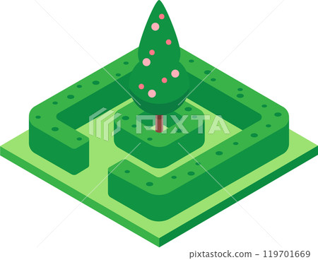 Lush isometric view of a square hedge maze surrounding a single green tree with pink flowers, creating a tranquil garden scene Lush isometric view of a square hedge maze surrounding a single green tree with pink flowers, creating a tranquil garden scene 119701669