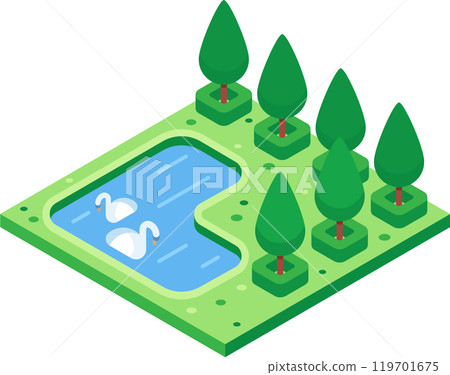 Isometric vector illustration of a peaceful park with two swans swimming in a pond surrounded by trees Isometric vector illustration of a peaceful park with two swans swimming in a pond surrounded by trees 119701675