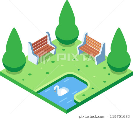 Isometric city park with benches, trees, green grass, and a swan swimming in a pond 119701683